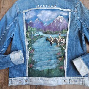 Levi’s Women’s Large Denim Jacket Hand Painted Montana Custom Art Trucker OOAK L